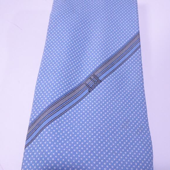 DUNHILL Men's Blue White Gold Signature Logo Polka Dot Silk Neck Tie Retail 390 - Picture 3 of 9